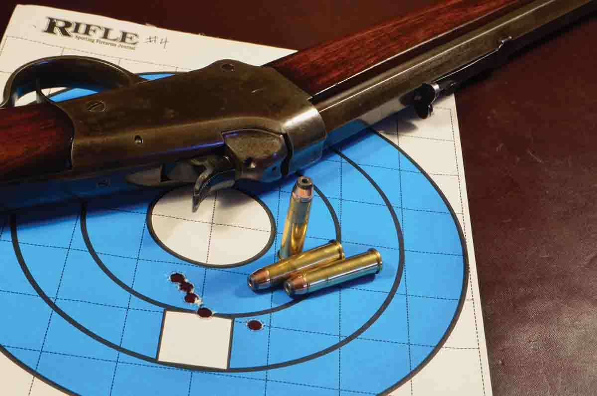 A group shot at 50 yards with the .32-20, using the Low Wall’s factory open sights.